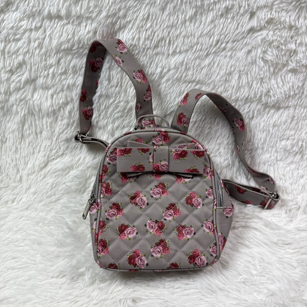 Betsey Johnson‎ Rose Floral Quilted Mini Backpack Grey Pink Bow Zippered Bag